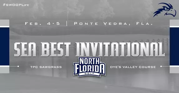 Preview graphic for men's golf Sea Best Invitational tournament featuring background image of Dye's Valley Course