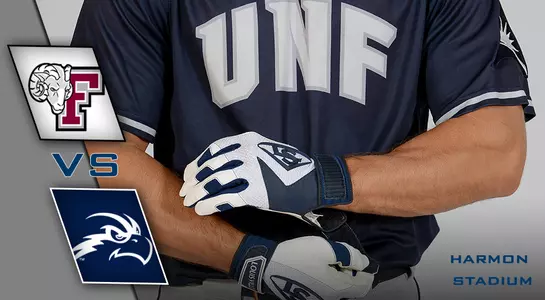 Preview graphic of fordham and unf logos with Wes Weeks tying his batting gloves