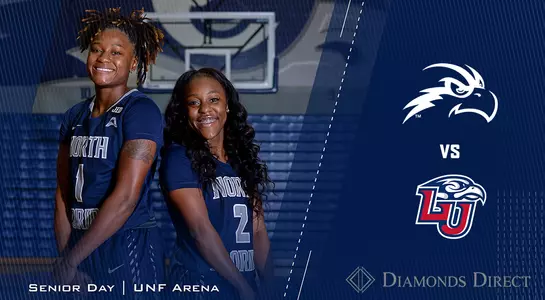 Preview graphic featuring two UNF women's basketball players and two logos over a blue background.