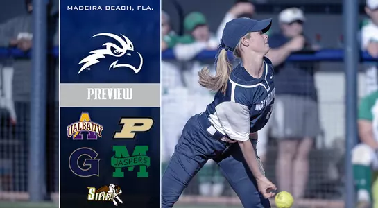 Preview graphic for softball's Madeira Beach Tournament when they play Albany, Purdue, Georgetown, Siena and Manhattan.