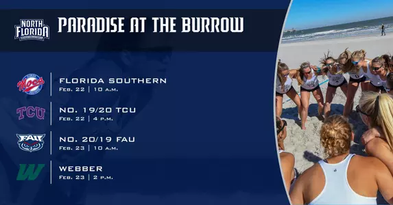 Preview graphic for the Paradise at the Burrow beach volleyball invitational featuring opponents logos and two pictures.