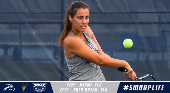 Women's tennis preview graphic featuring a Valentina Mariotto two-handed backhand and a logo of FIU, FAU
