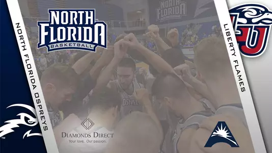 Preview graphic for men's basketball game versus Liberty with logos of North Florida and Liberty along with background photo of team huddle on court. Also includes logo of game sponsor Diamonds Direct