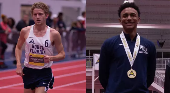 Noah Perkins runs to the finish line of the ASUN 3000m and Jaasiel Torres poses with his high jump gold medal