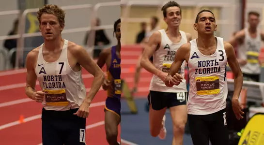 Noah Perkins races to the finish line of 5000m at ASUN Indoor, while Timothy Doyle and Leo Queyrou run side-by-side