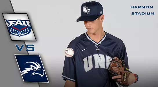 Preview graphic for the UNF baseball vs. FAU game. Nick Marchese flips a baseball up in front of a generic background.