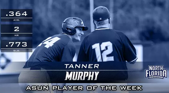 Graphic indicating Tanner Murphy's ASUN Player of the Week award. He is talking to head coach Tim Parenton next to a note about his stats for the week.