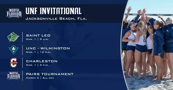 Preview graphic highlighting the UNF Invitational at Jacksonville Beach. Features graphics and logos along with a team shot of the beach volleyball team.