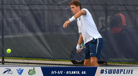 Men's tennis preview graphic featuring Dominik Barton hitting a forehand above a lower third of text and graphics.