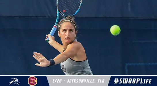 Women's tennis preview graphic with Rafaela Gomez about to hit a forehand with her racket above logos and text.