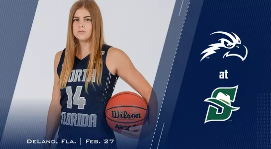 Preview graphic of Elli Bartley holding a basketball next to blue background with an osprey head and a Stetson logo.