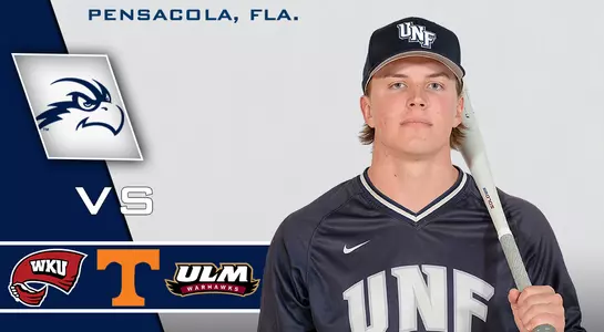 Preview graphic for story about the Cox Diamond Invitational. Features Tanner May and logos for UNF, Tennessee, UL - Monroe and Western kentucky.