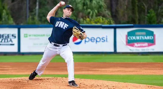 Max McKinley throws pitch from UNF mound