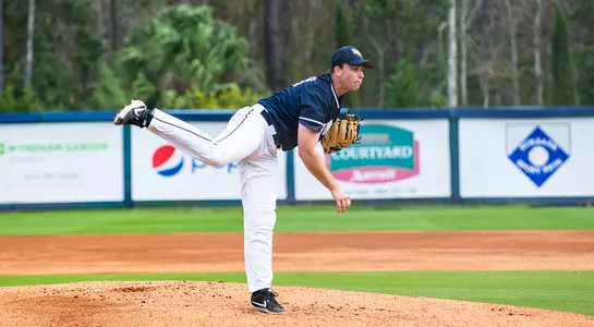 Max McKinley follows through pitch against Fordham