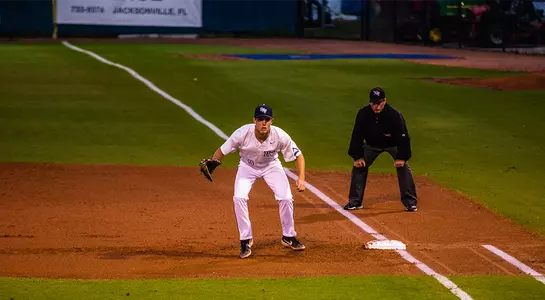 Alex Reynolds gets ready to make a play at first base.