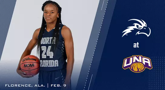 Preview graphic with Janesha Green holding a basketball in a posed shot in between two areas of blue, an Osprey logo and a UNA logo.