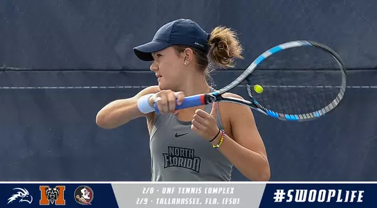 Preview graphic prior to women's tennis' matches against Mercer and Florida State, featuring a Constanza Gorches forehand and a lower third with logos and text.