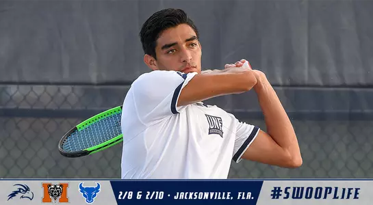 Action shot of Jorge Nunez hitting a two-handed backhand at the center of the a preview graphic above a lower third containing the Buffalo and Mercer logo along with the Osprey head.