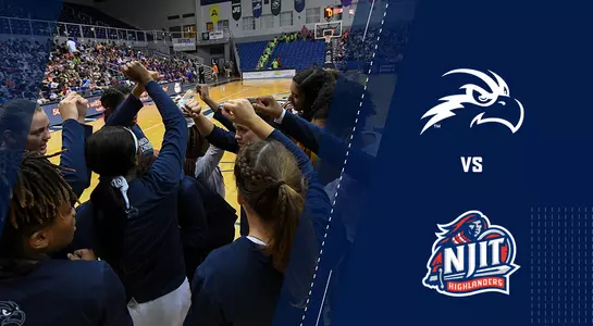 Women's basketball huddles as the graphic has the Osprey head logo and the NJIT highlander logo.