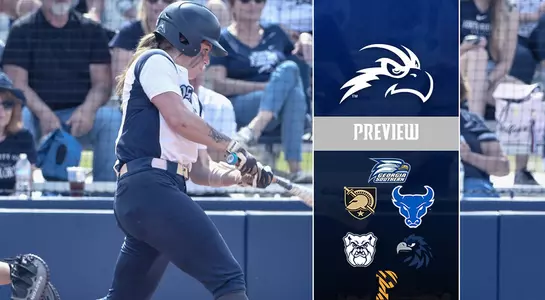 Rindy Bryant hits the ball in a preview graphic featuring the logos of Georgia Southern, Army, Buffalo, Butler, Monmouth and Princeton