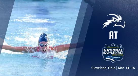 Graphic promoting UNF going to the CSCAA Invitational in Cleveland, Ohio with a picture of Julianna Graf swimming
