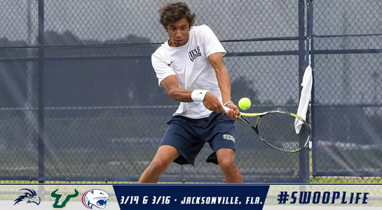 Sahil Deshmukh hits a forehand during a tennis match above logos and text.
