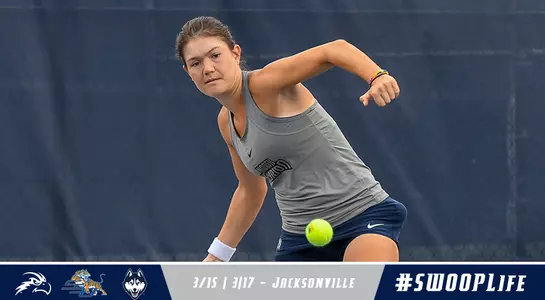 Constanza Gorches hitting the tennis ball as we preview the match against Savannah State and UCONN