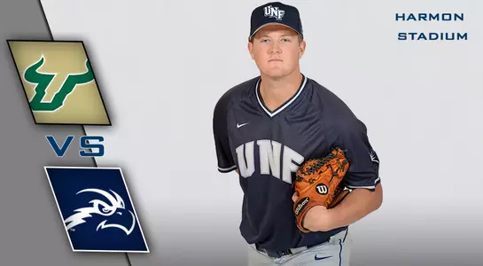 Preview graphic of Trace Norkus looking in to get a sign next to logos for USF and UNF.