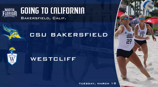 Preview graphic featuring two UNF beach volleyball players, a background team photo, logos and text, promoting UNF's trip to California.