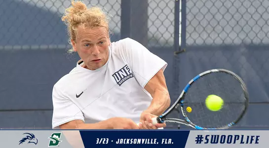 Men's tennis vs. Stetson preview graphic with Till Von Winning hitting a two-handed backhand above text and a graphic.