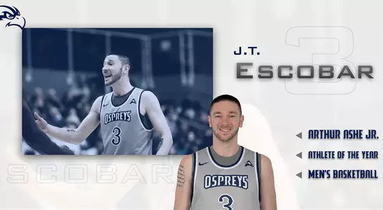 Graphic announcing JT Escobar selection as Arthur Ashe Athlete of the Year for Basketball featuring head shot of Escobar and a photo of him encouraging his teammates on the basketball floor