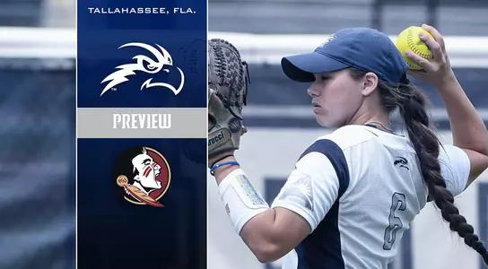Softball preview graphic featuring Dominica Cocuzza getting ready to throw the ball. The game is in Tallahassee, Fla. and the rectangle over the picture features the Osprey head and Florida State logo.