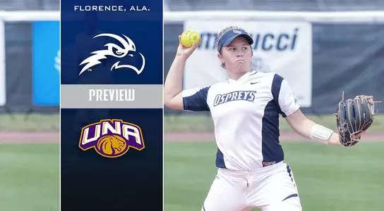 Tiffany Lower gets ready to throw the ball in the preview that features the Osprey head logo and North Alabama logo. The game is in Florence, Alabama