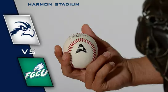 Picture of Brad Deppermann holding on to an ASUN baseball next to icons of FGCU and UNF.