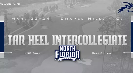 Preview graphic for men's golf Tar Heel Intercollegiate tournament featuring background image of Finley Golf Course