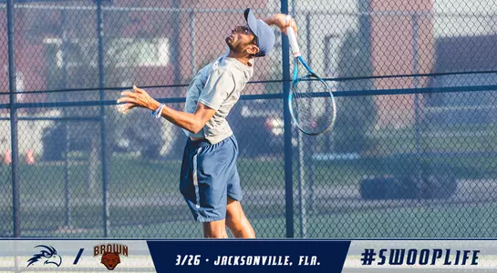 Preview graphic for the men's tennis match against Brown with Sahil Deshmukh hitting a serve.