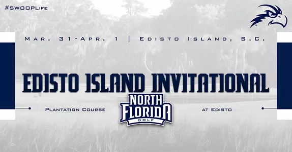 Women's Golf preview graphic for Edisto Island Invitational featuring image of Plantation Course of Edisto in background