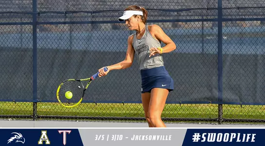 Women's tennis plays App State on 3/5 and Troy on 3/10. Lucia Montano hits the tennis ball above the graphic.