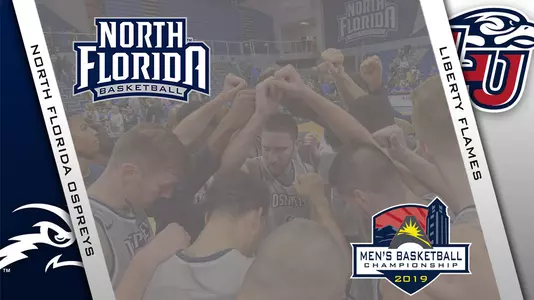 Preview graphic for men's basketball game versus Liberty with logos of North Florida and Liberty along with background photo of team huddle on court and the ASUN Tournament logo