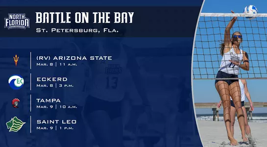 Graphic promoting beach volleyball's upcoming tournament in St. Petersburg, Fla.. there are team logos, text and two action shots.