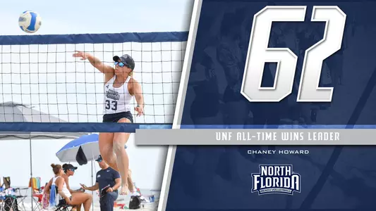 Graphic with 62 and Chaney Howard jumping to hit a volleyball to promote her record-setting numbers.