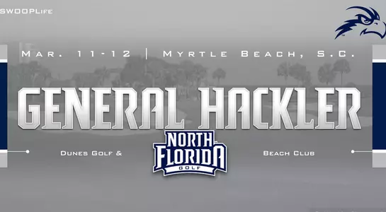 Preview graphic for men's golf General Hackler Championship tournament featuring background image of Dunes Golf Club