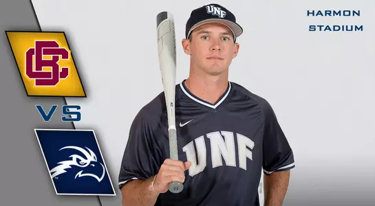 Preview graphic for baseball vs. Bethune-Cookman with a picture of Alex Hendricks holding abat.