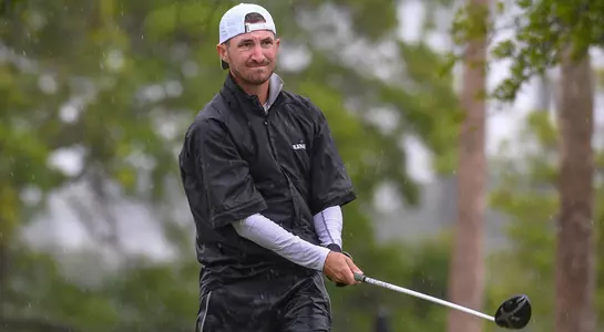 Travis Trace finishes his drive in a heavy rain at 2019 The Hayt tournament