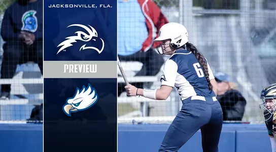Softball player on a graphic with the Osprey Head logo and the FGCU Logo for a preview.