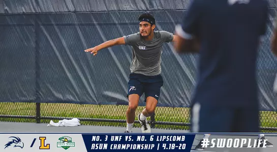 Jorge Nunez goes for a forehand with UNF coaches in the background over text and graphics.