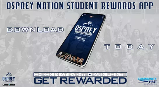 Press release graphic to promote the Osprey nation student rewarrds app with a picture of a phone and text.