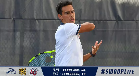 Preview graphic for men's tennis' matches at Kennesaw State and Liberty with an action shot of Federico Nani hitting a forehand.