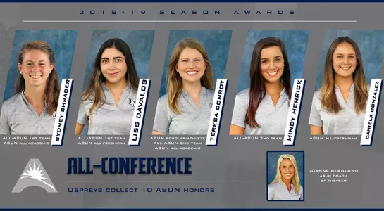 Graphic highlighting ASUN Women's Golf awards including head shots of Sydney Shrader, Liss Davalos, Teresa Conroy, Mindy Herrick, Daniela Gonzalez and Joanne Berglund