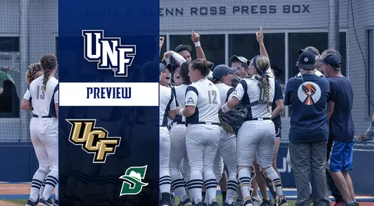 UNF plays UCF and Stetson to close the softball season. A group of students celebrate in the background.